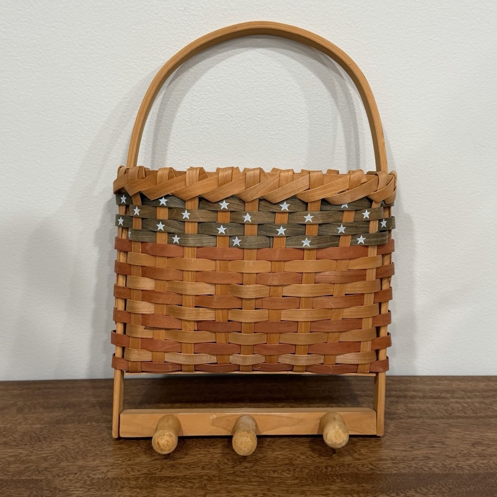 Patriotic Woven Wall Basket W/ Handle & 3 Pegs Hanging USA Flag Mail Door Decor